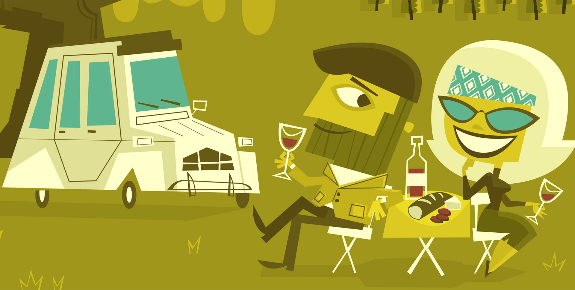 Illustration of a couple picnicking beside a camper